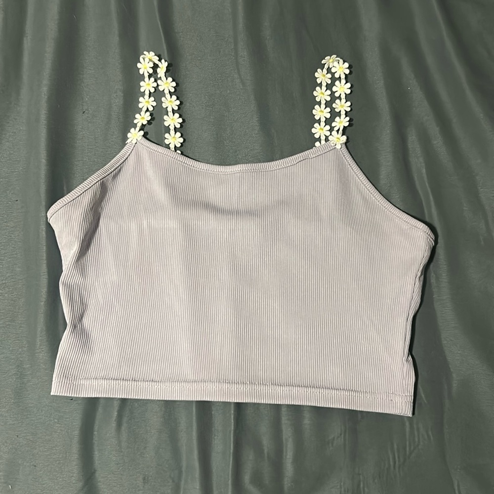 Purple crop tank with flower straps